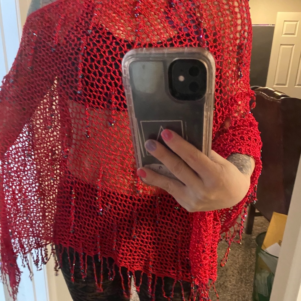 Red see through Woven knit Shaw poncho shrug sweater - Picture 6 of 7